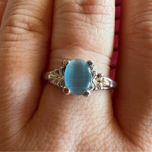 Blue Cat's Eye Oval Silver Tone Ring
